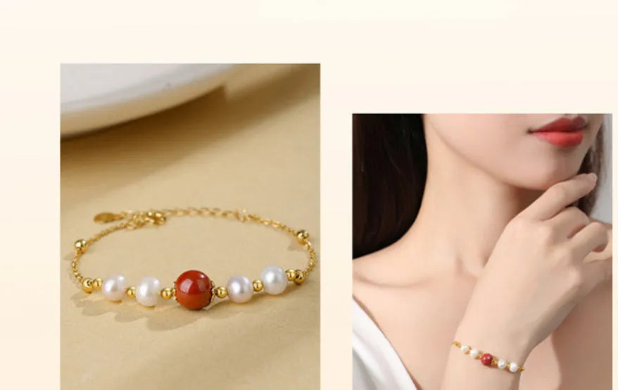 Yellow 925 silver red bean pearl cinnabar bracelet with adjustable sizing for women
