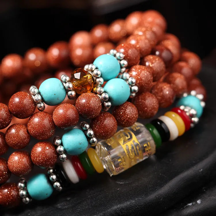 Golden star stone mantra bracelet with 108 beads and fu character pendant