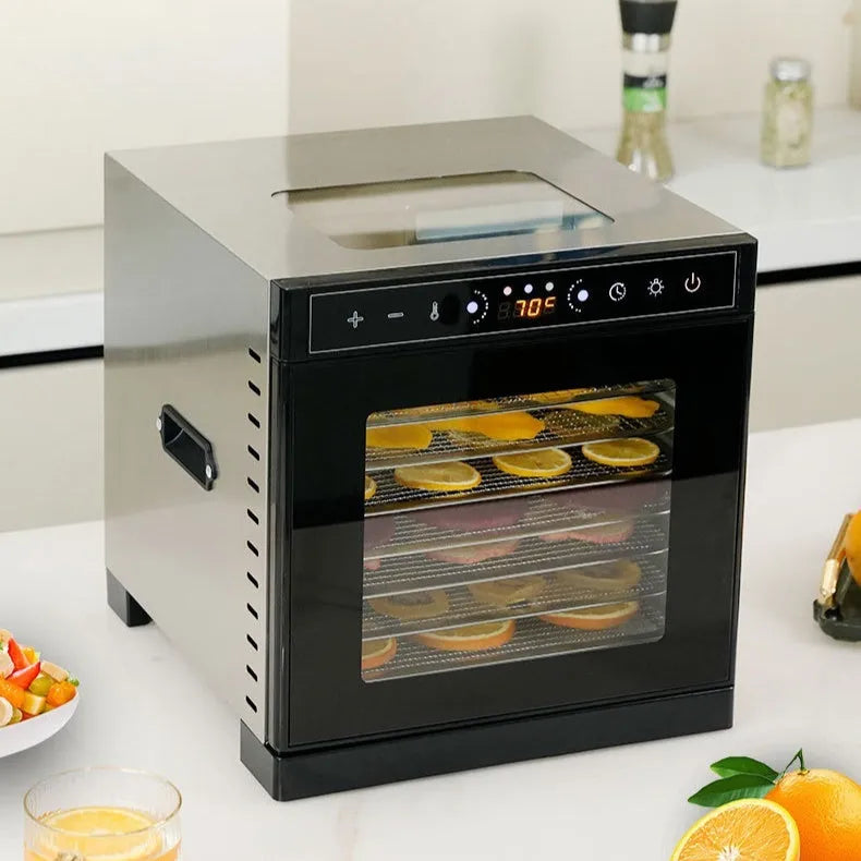 Stainless steel fruit dehydrator with visual skylight, 6 trays, LED control panel showing temperature settings
