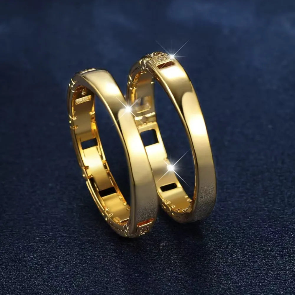 Gold electroplated alloy couple ring set with micro inlaid zircon, geometric shape, sizes No 5 to No 11