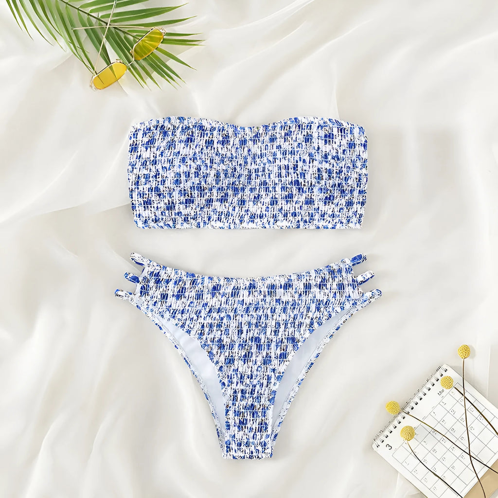 Women's strapless floral swimsuit with beauty back design and high waist briefs