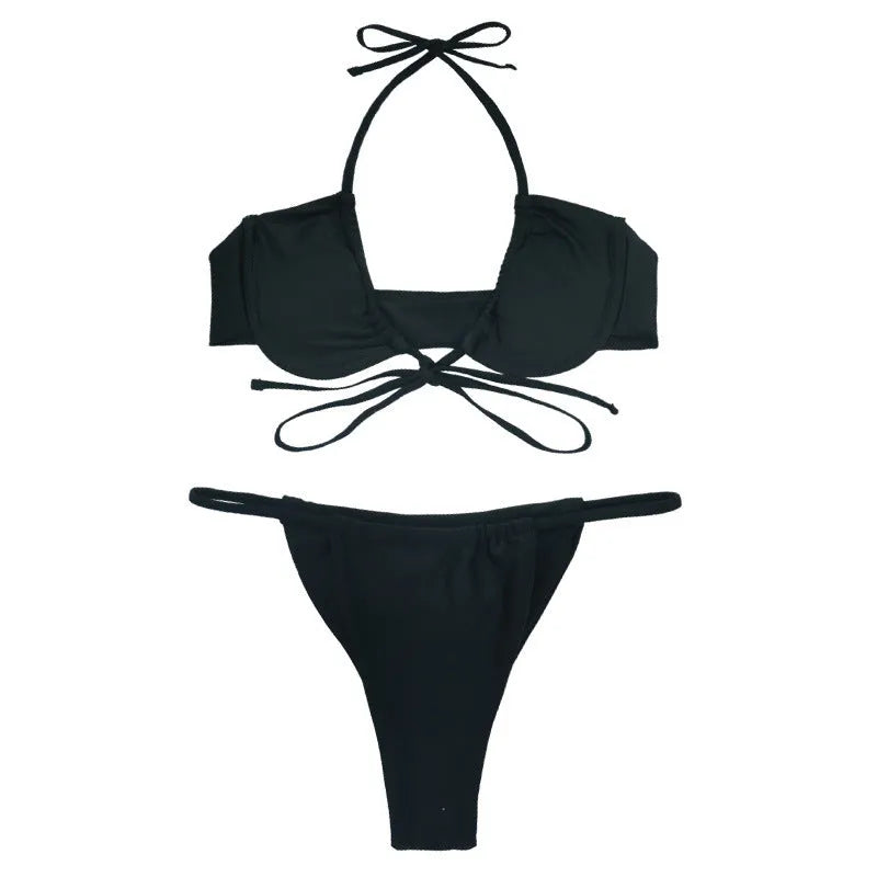 Women's split bikini swimsuit in black or mint green with bra and panties, sizes S to XL