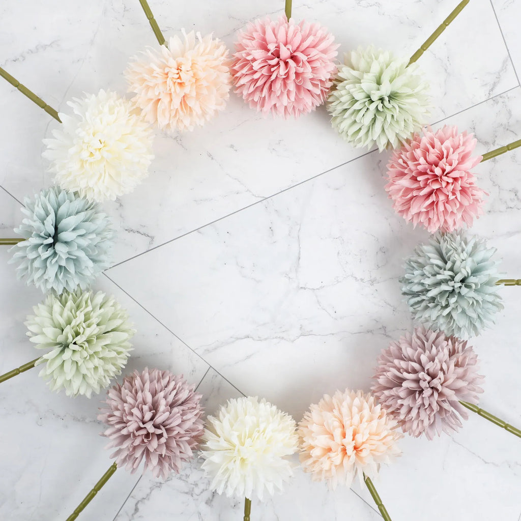 Set of six 30cm tall silk dandelion artificial flowers in white, blue, green, purple, champagne, and pink.