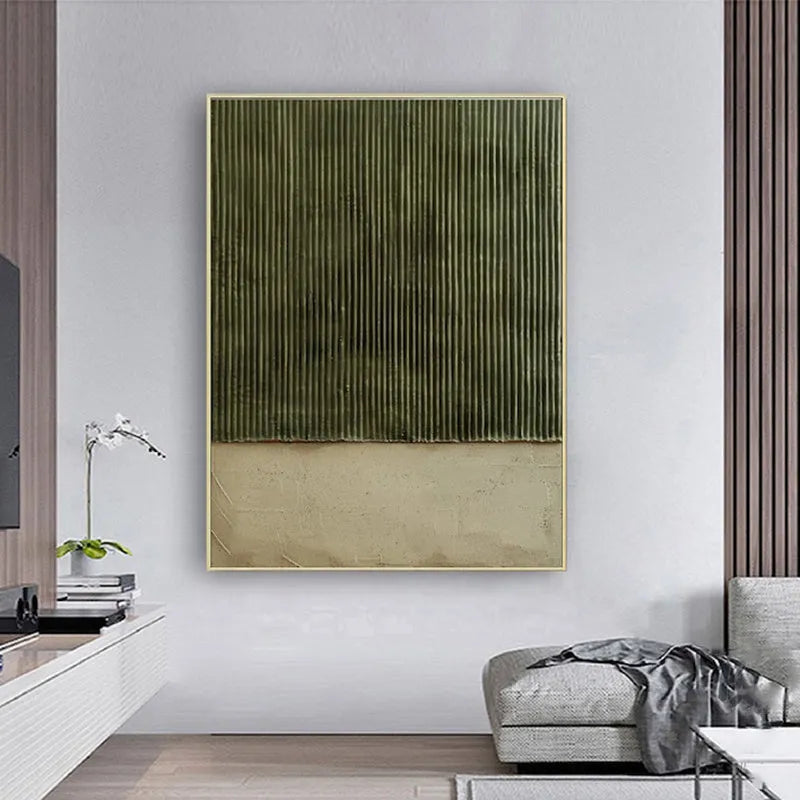 Large hand-painted green textured abstract oil painting on canvas, vertical one-panel wall art for living room and bedroom, no frame