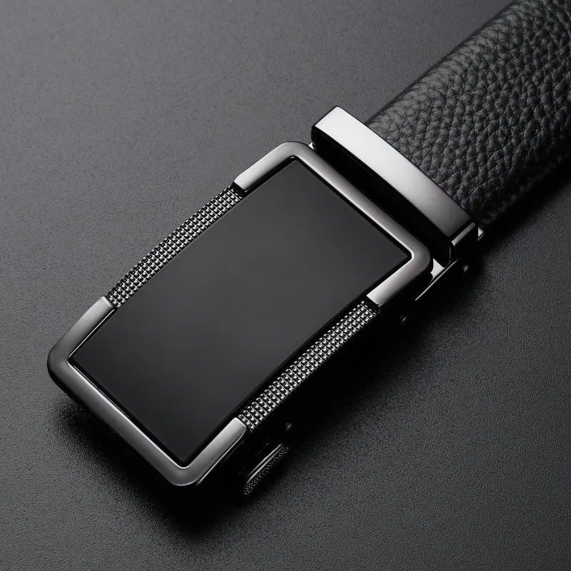 Men's leather belt with automatic buckle in gun black, silver, or gold, adjustable lengths 105-130cm
