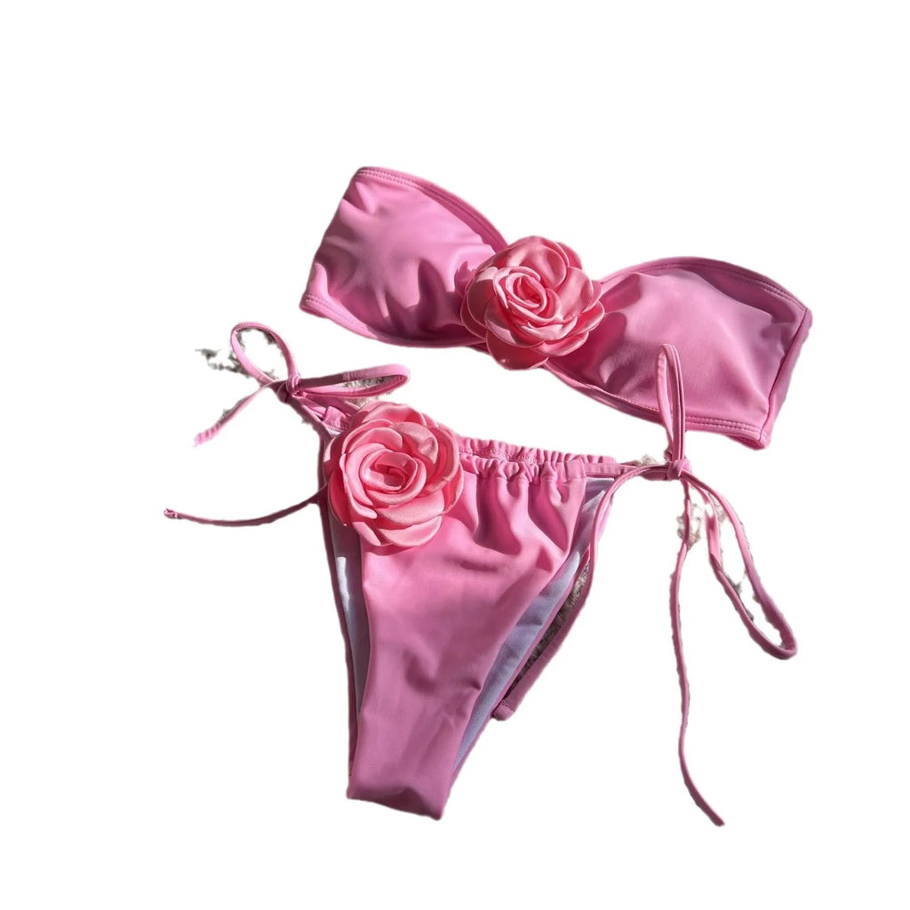Women's solid colour polyester swimsuit with drawstring straps on a tube top