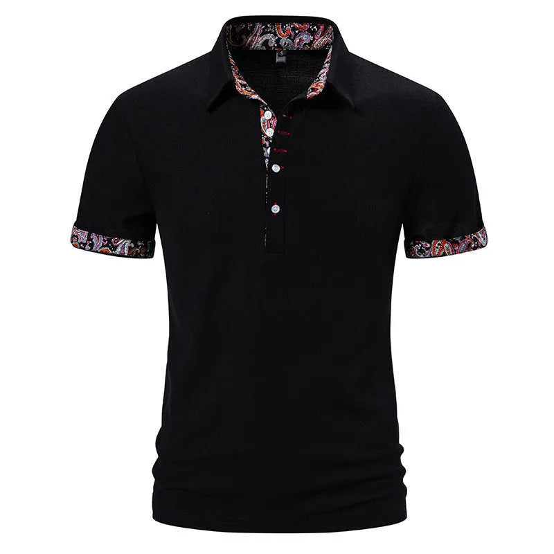 Men's European size polo shirt with colour stitching on turnover neck, short sleeves, available in white, black, and navy blue colours