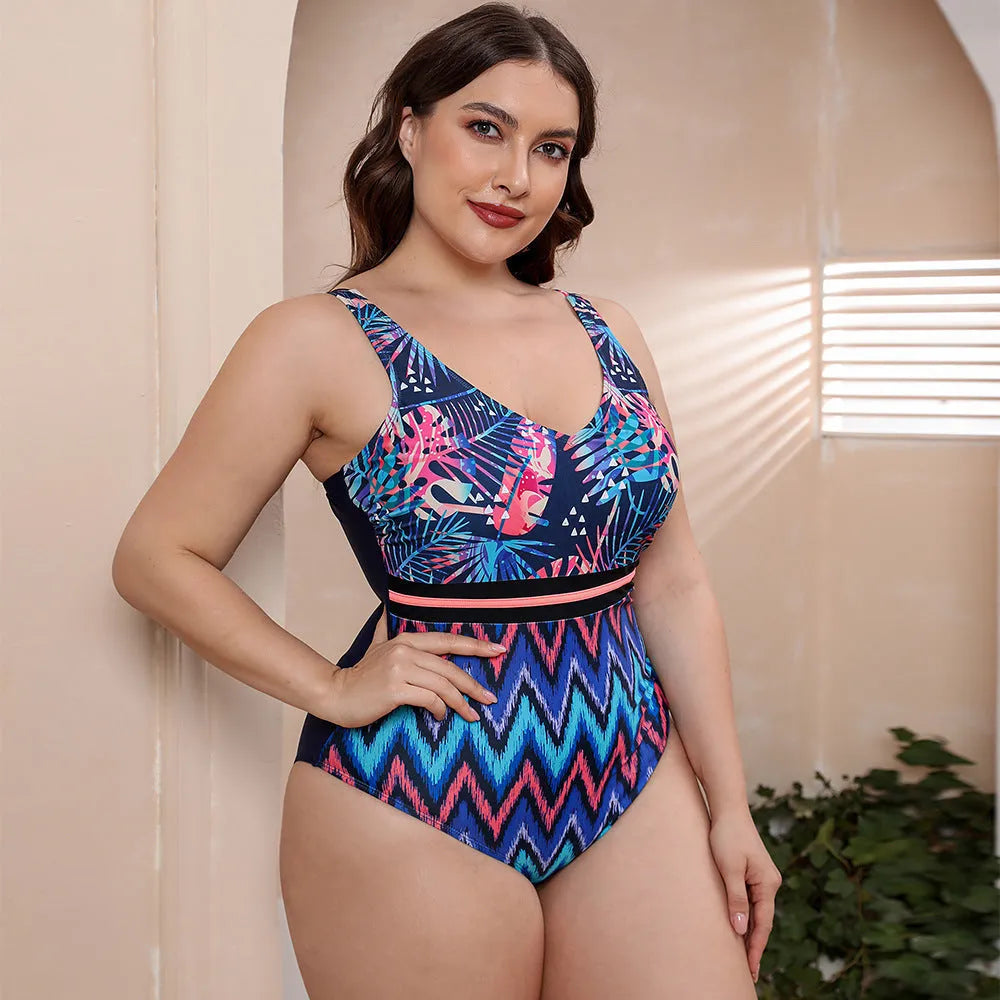 Women's printed one-piece swimsuit with spaghetti straps and striped vest in blue, white, or green patterns