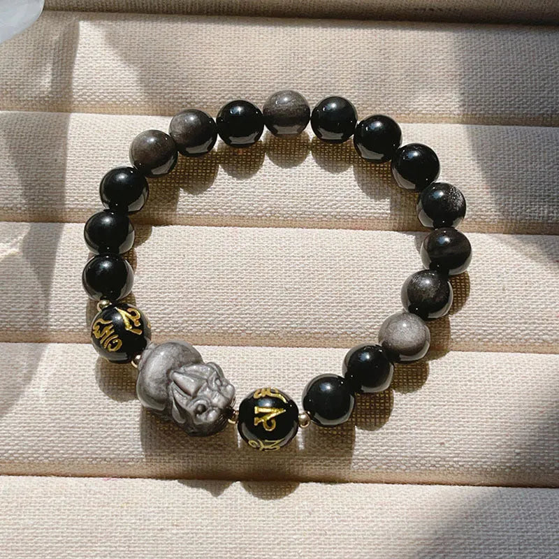 Men's silver stone bracelet with zodiac engravings and beaded design in Chinese style