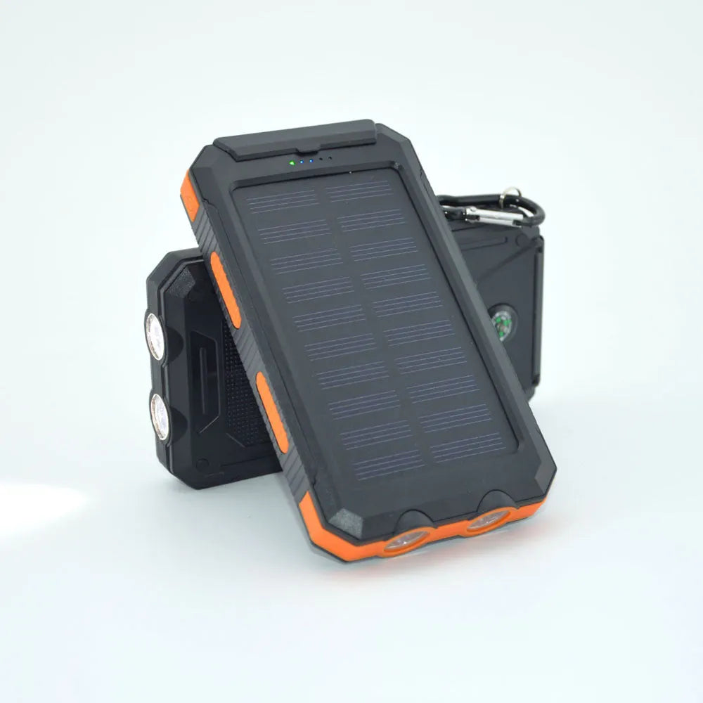 20000mAh solar power bank with compass and dual LED headlights in black, black-blue, or black-orange
