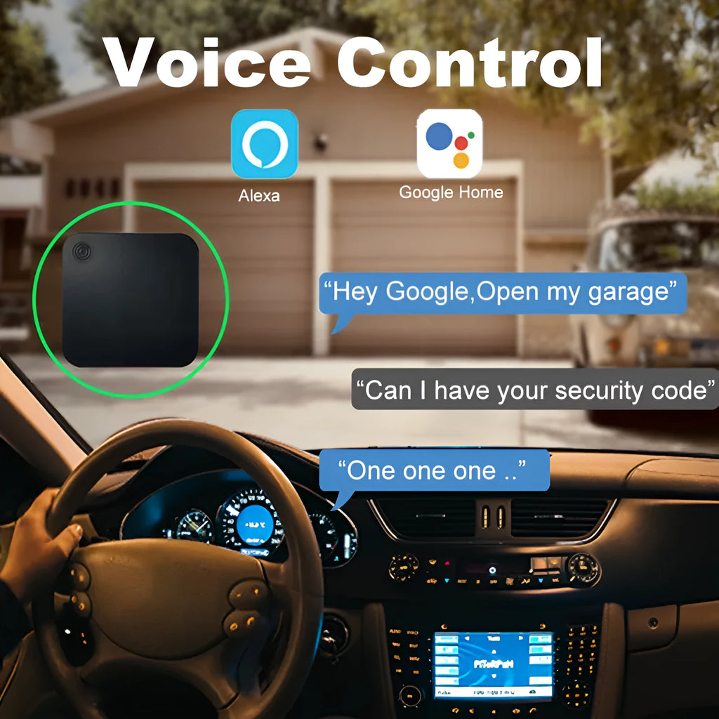 Black plastic Wi-Fi garage door controller with app for remote and voice control