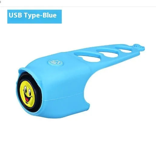 Electronic bicycle horn in multiple colours showing compact plastic design for handlebar mounting.