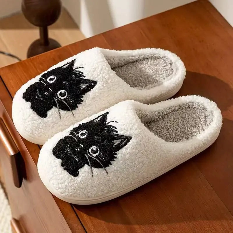 White plush cotton slippers with black beard cat couple cartoon design for indoor home use