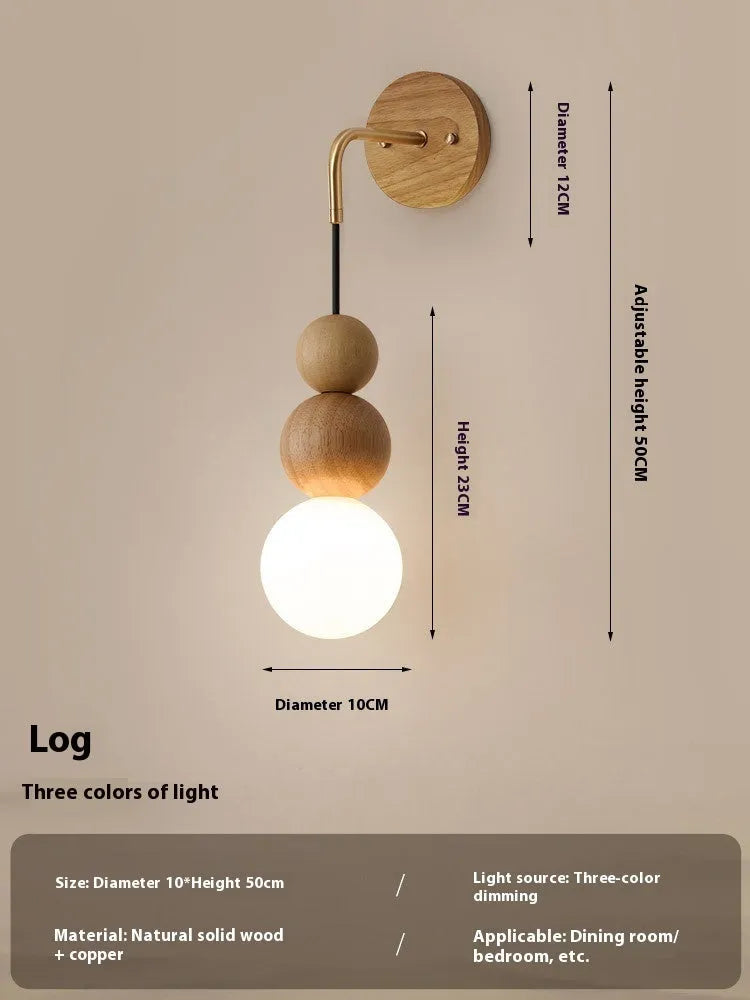 Suspension wire wall lamp in wood and copper with tri-colour bulb