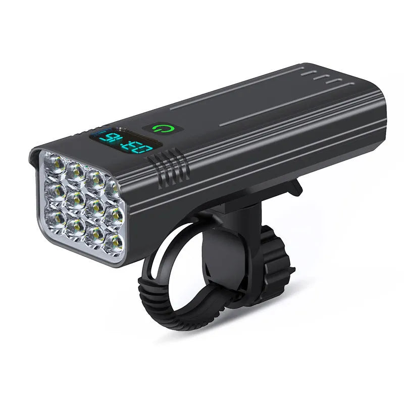 KX12DF black bicycle headlight with digital display on aluminium alloy barrel showing battery percentage