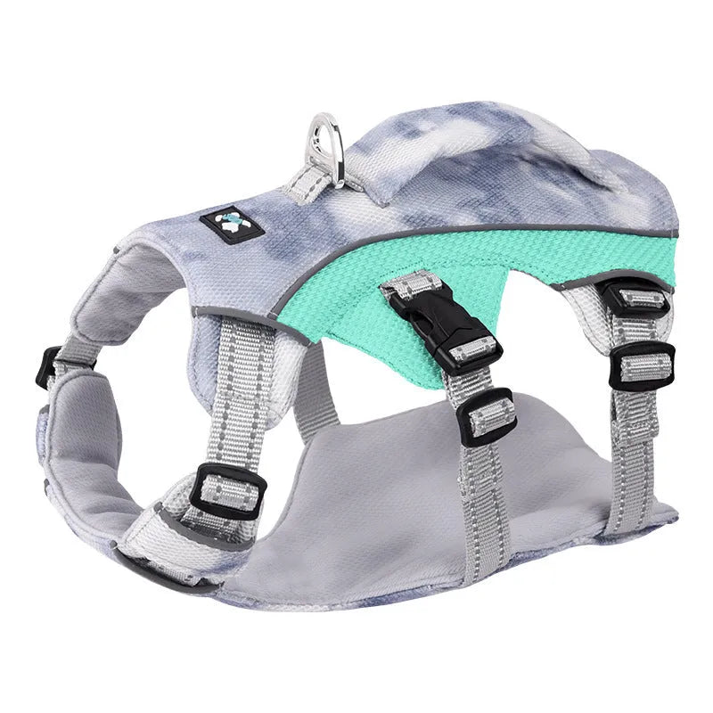 Reflective pet cooling chest strap in light blue with adjustable buckles and D-ring