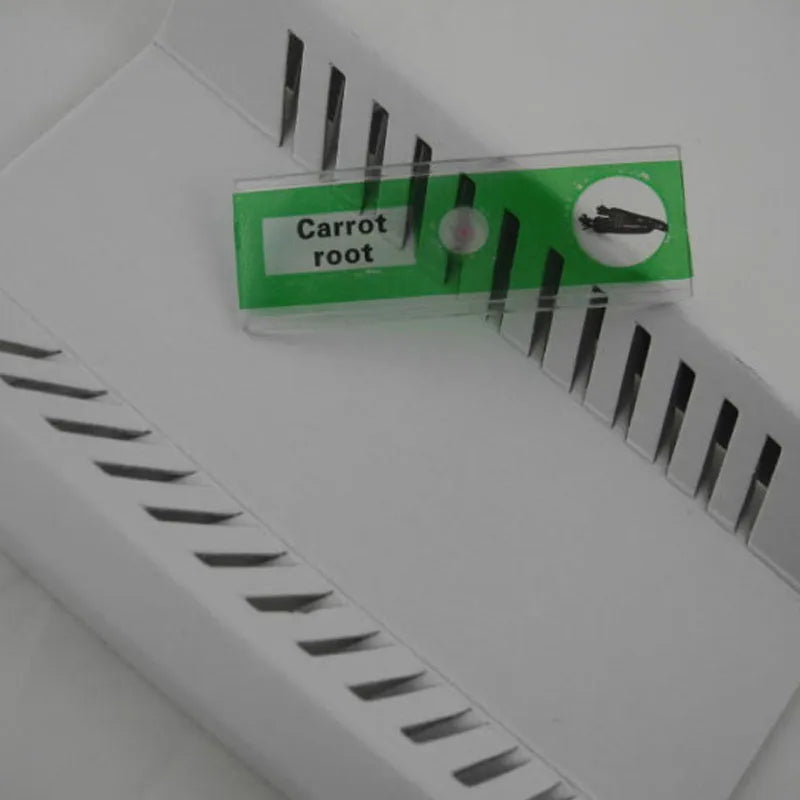 48-piece educational microscope slide set with colour-coded boxes containing plant and animal specimens.