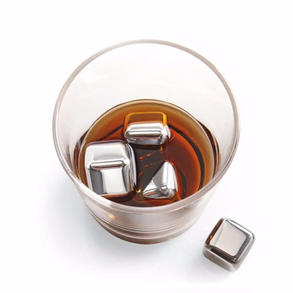 Stainless steel whiskey chilling stones in cube, ball, diamond, and heart shapes with clip