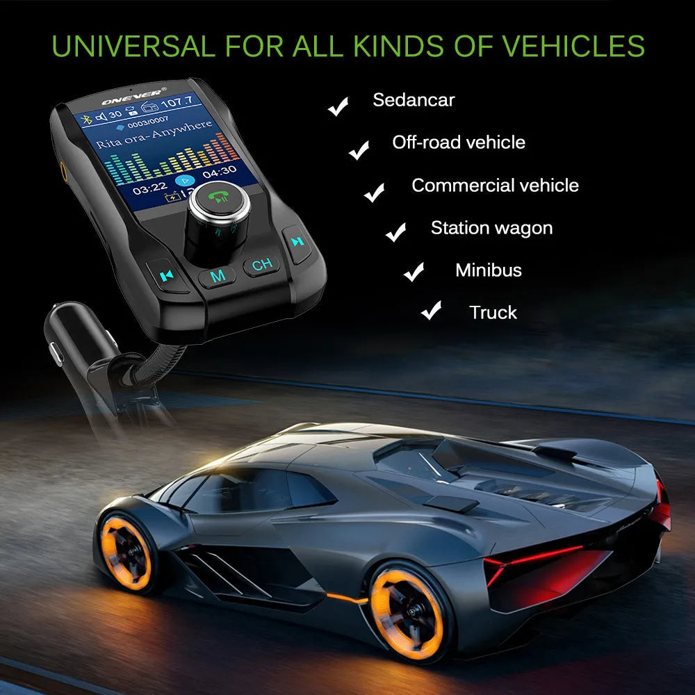 Car Bluetooth FM transmitter with colour screen plugged into car cigarette lighter