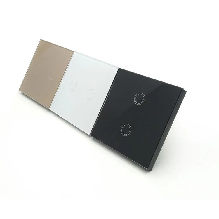 Touch switch with tempered glass panel for lighting control, 86mm square dimensions