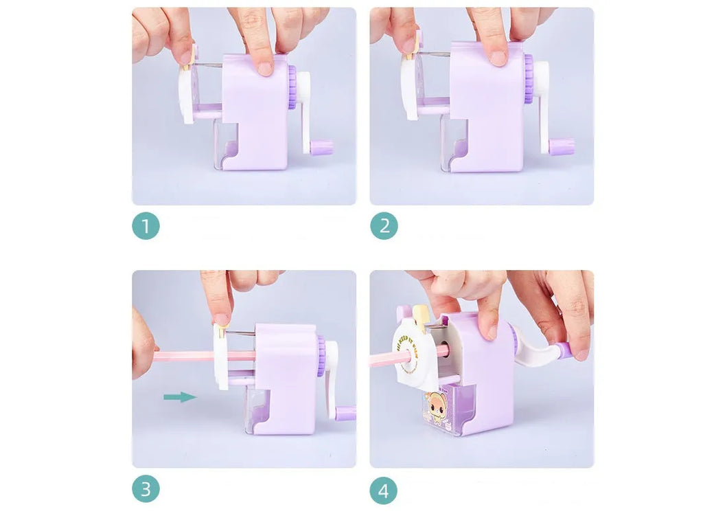 Cartoon geometric pet pencil sharpener in blue, green, pink, and purple colour options