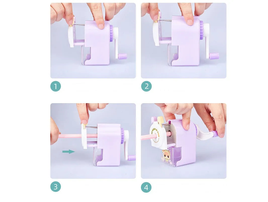 Cartoon geometric pet pencil sharpener in blue, green, pink, and purple colour options