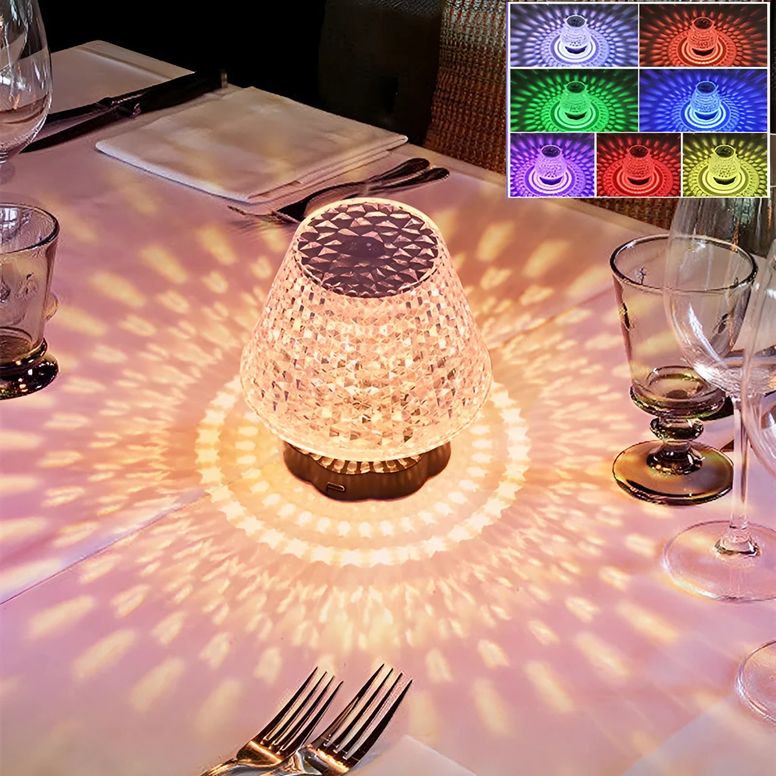 Crystal décor table lamp with touch sensor base and USB charging cable