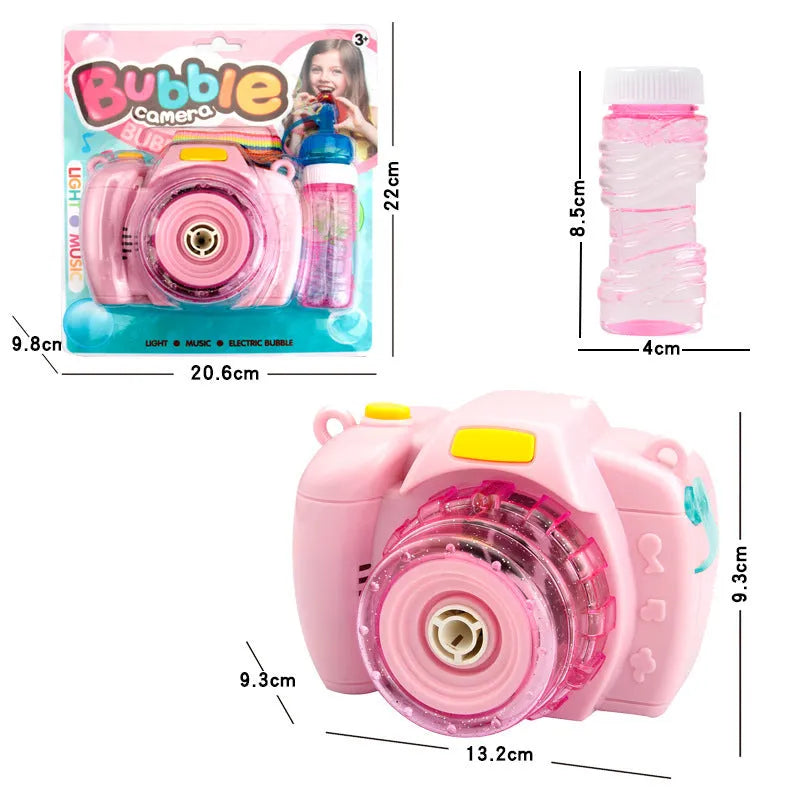 Camera-shaped yellow automatic bubble machine for children with strap and bubble liquid