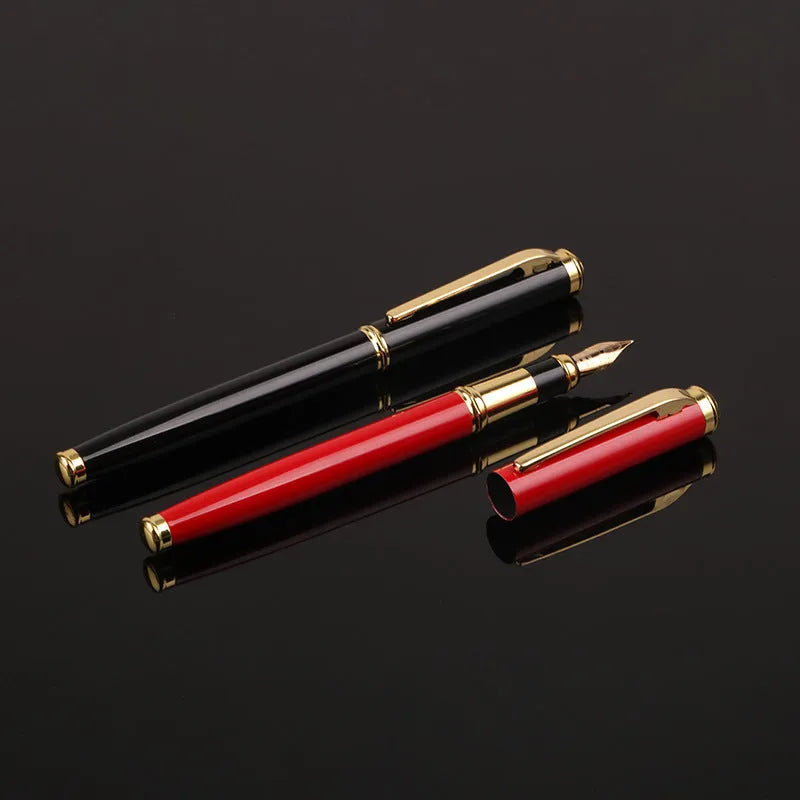 Red and black metal fountain pens with 0.5mm Yijin nibs in OPP packaging