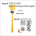 Yellow plastic Trump novelty toilet brush with a hanging slot on the handle.