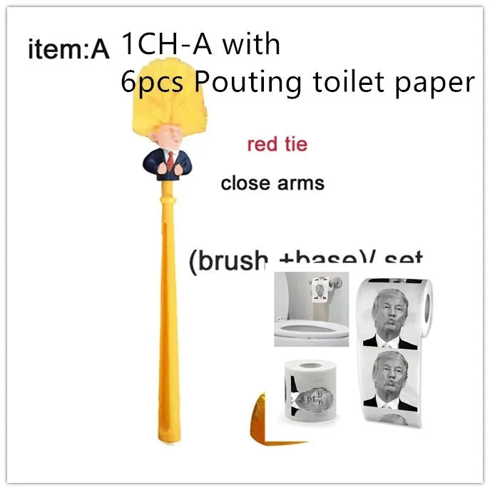 Yellow plastic Trump novelty toilet brush with a hanging slot on the handle.