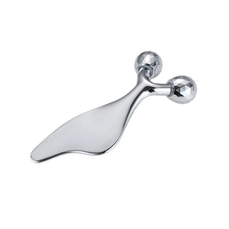 Silver double-roller metal back scratcher massage stick with anion function, supplied in an OPP bag