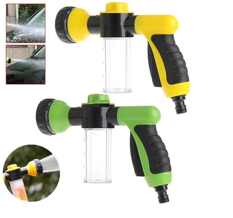 Green high-pressure foam spray gun with adjustable nozzle for car washing and household cleaning, showing eight spray types and 15cm by 21cm size