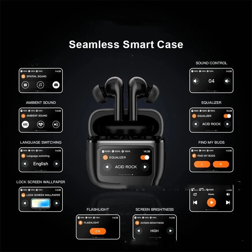 T68 PRO wireless Bluetooth in-ear headset in black, silver, or Champagne with a touch colour screen.