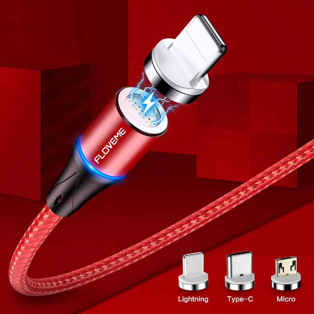 3A fast charge magnetic data cable with side light, showing Type-C connector and 3-in-1 heads for Apple and Android devices