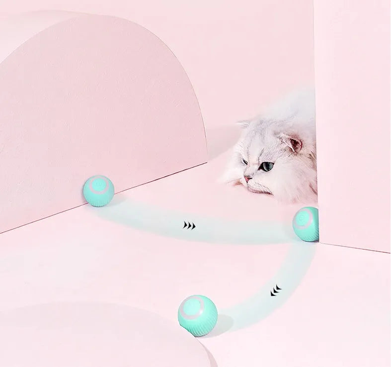 Green automatic rolling ball cat toy with a 43mm ball on a hard floor