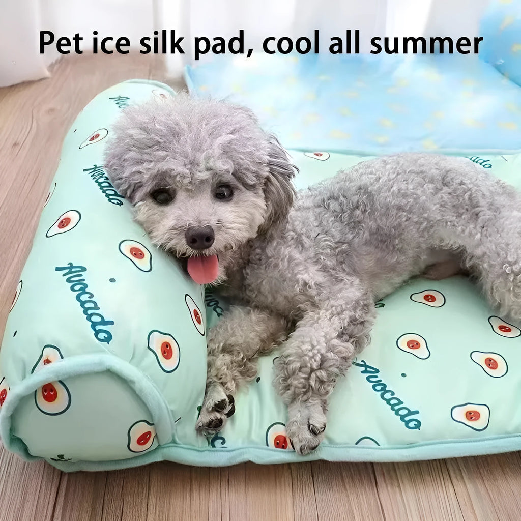 Ice silk cotton blend pet cooling mat in blue colour showing rectangular shape and breathable fabric texture
