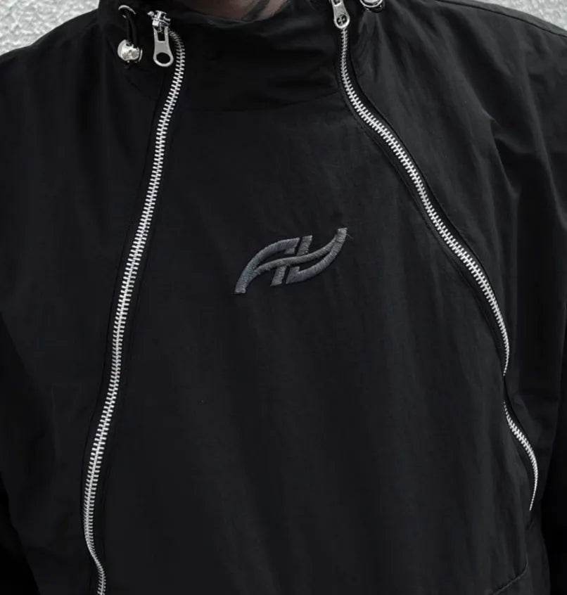 Black polyester shell jacket with double zipper and stand collar, sizes M L XL