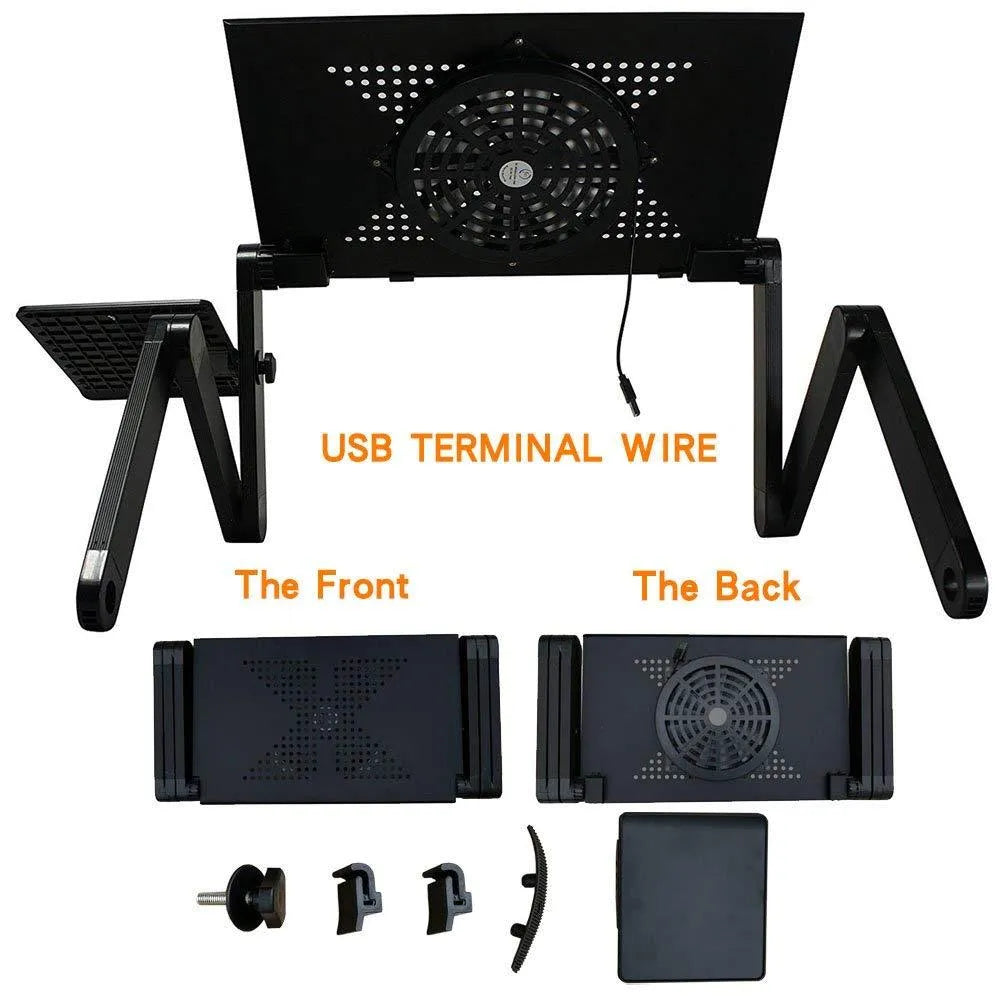 Adjustable folding laptop table stand in black with mouse panel, 42 x 26 cm surface, and built-in USB fan