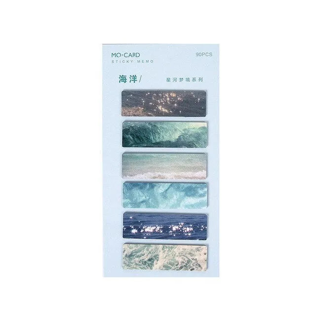 Beautiful Night Sky Star Index Post-It Notes in six colours: sky, moon, sea, fire, dusk, and forest