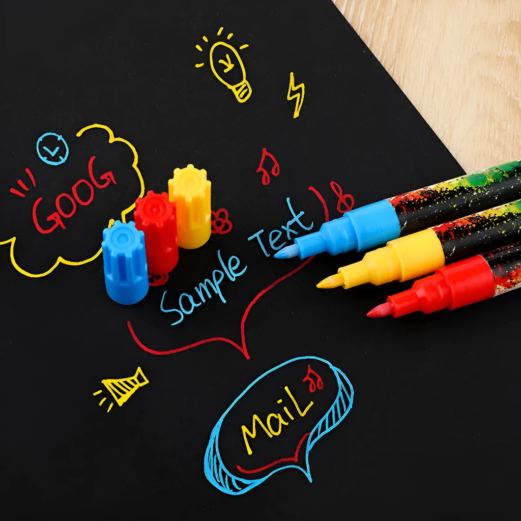 Acrylic graffiti marker pen with 0.7mm tip and six colourful refills in a plastic box.