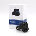 HY82 car Bluetooth MP3 player and hands-free kit with dual USB ports plugged into a car cigarette lighter.