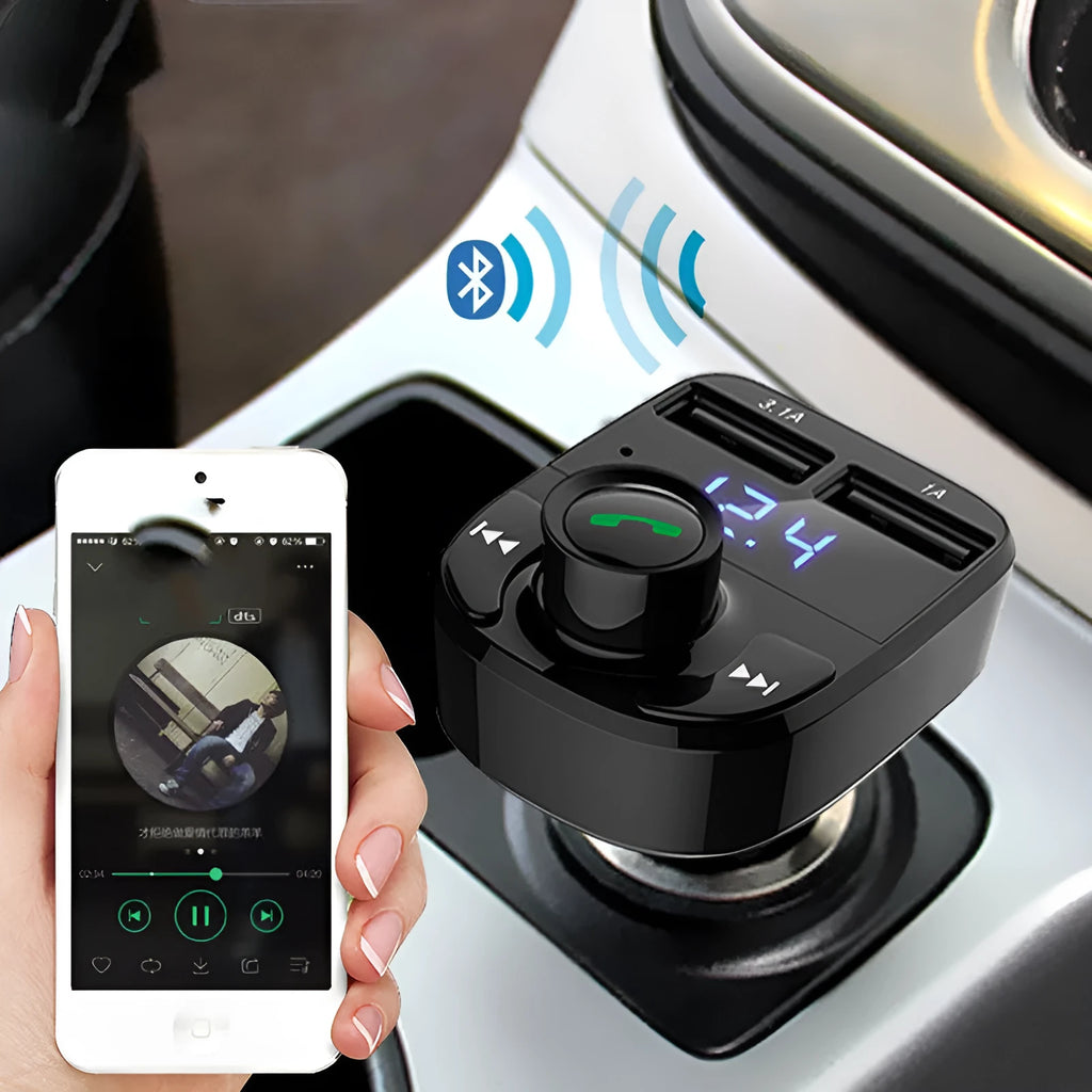HY82 car Bluetooth MP3 player and hands-free kit with dual USB ports plugged into a car cigarette lighter.