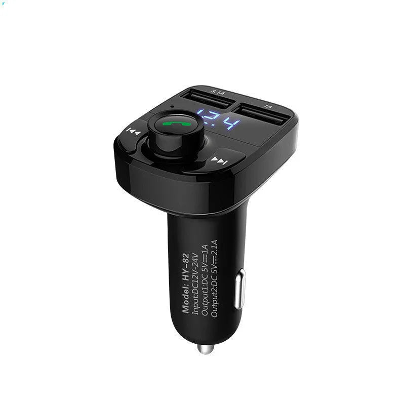 HY82 car Bluetooth MP3 player and hands-free kit with dual USB ports plugged into a car cigarette lighter.