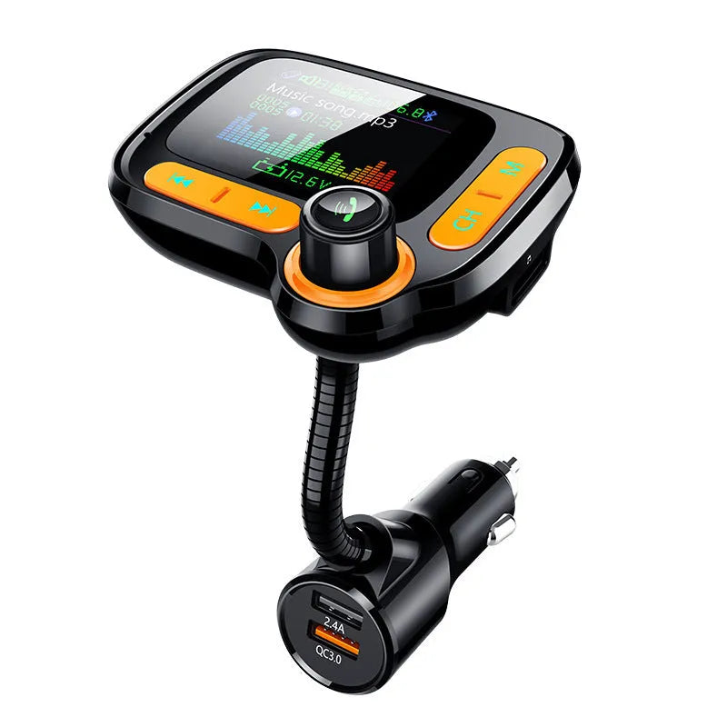 Car Bluetooth multi-function player with 1.77 inch colour screen, QC 3.0 dual USB port, and 360° hose.