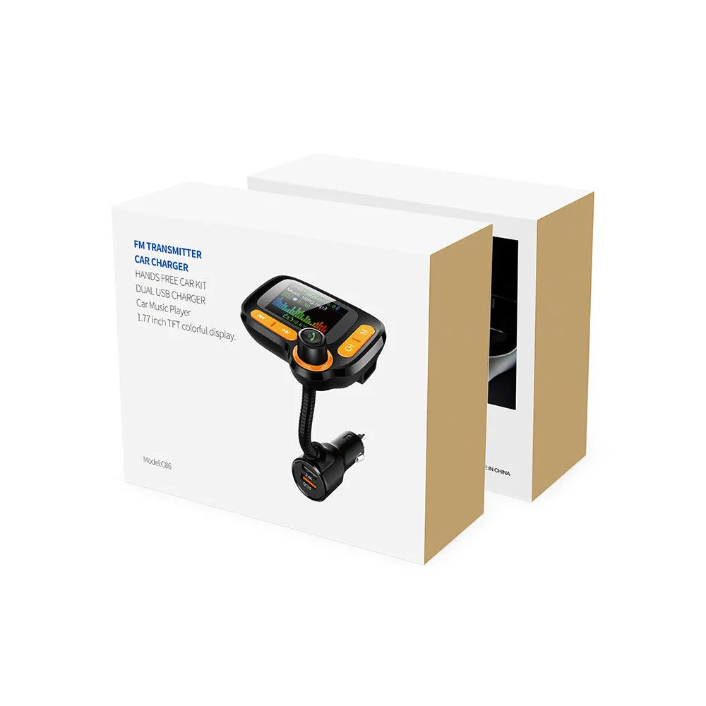 Car Bluetooth multi-function player with 1.77 inch colour screen, QC 3.0 dual USB port, and 360° hose.