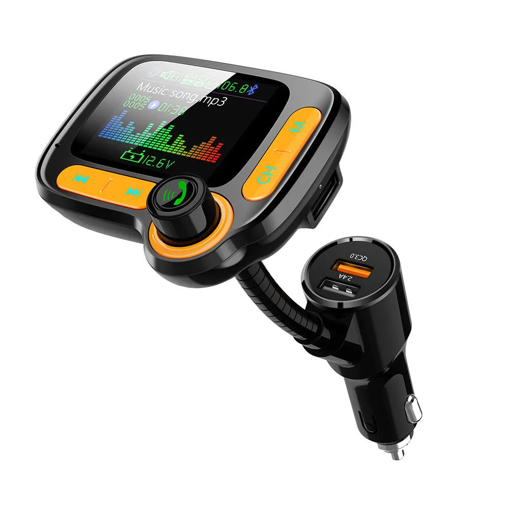 Car Bluetooth multi-function player with 1.77 inch colour screen, QC 3.0 dual USB port, and 360° hose.