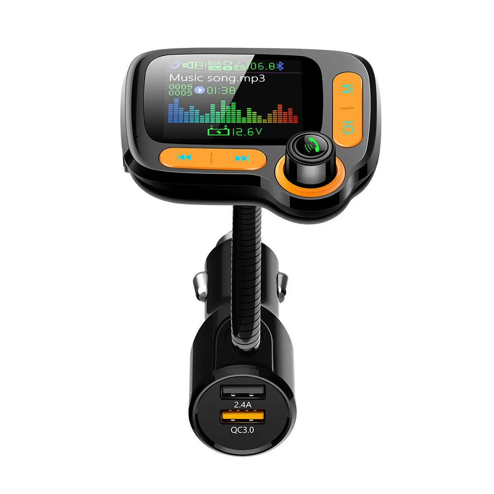 Car Bluetooth multi-function player with 1.77 inch colour screen, QC 3.0 dual USB port, and 360° hose.