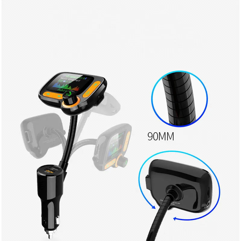 Car Bluetooth multi-function player with 1.77 inch colour screen, QC 3.0 dual USB port, and 360° hose.