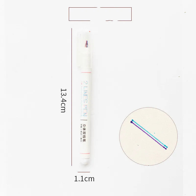 Stereo double line pen showing two-colour 0.5mm tip and 13.4cm plastic body for student highlighting